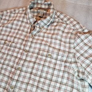 Duluth Trading Men's XLT XL Tall Tan Plaid Knit Hemp Blend Outdoor Hiking Shirt